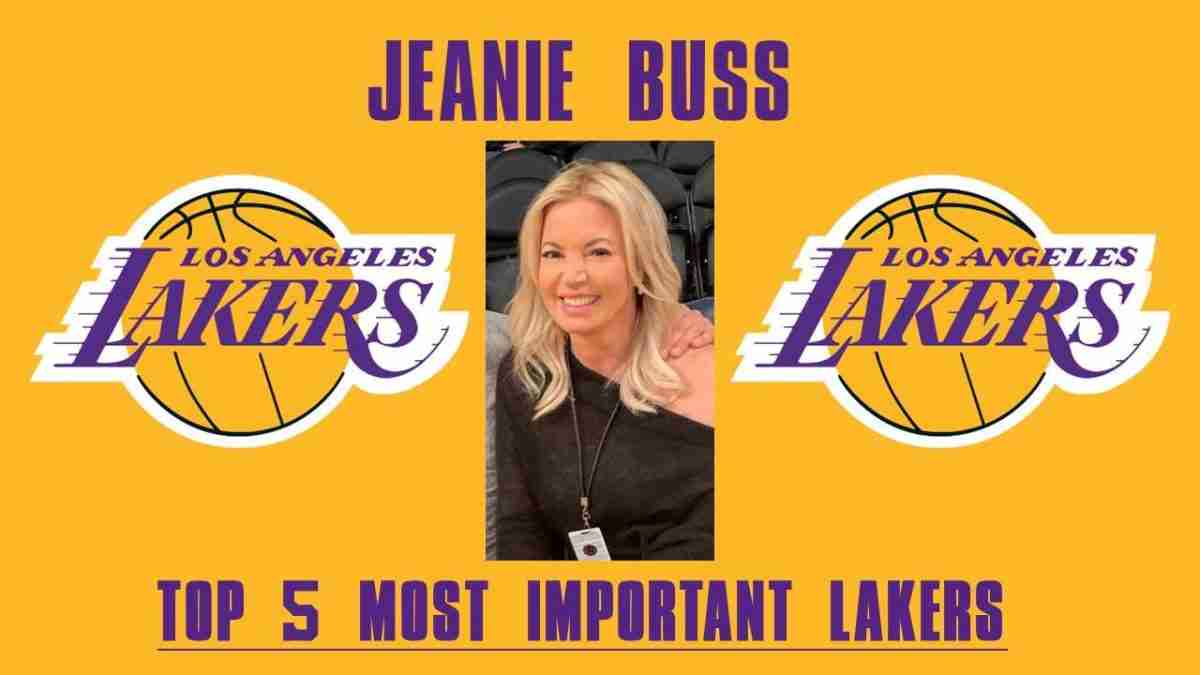 Jeanie Buss Top 5 Lakers List Image WIth Jeanie Buss And 2 Lakers Logos