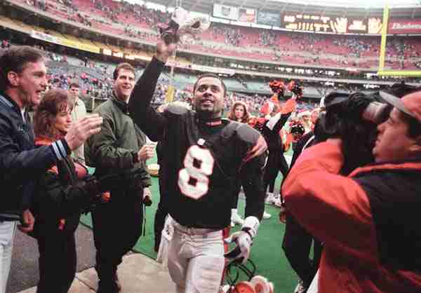 Jeff Blake Celebrates At Riverfront Stadium