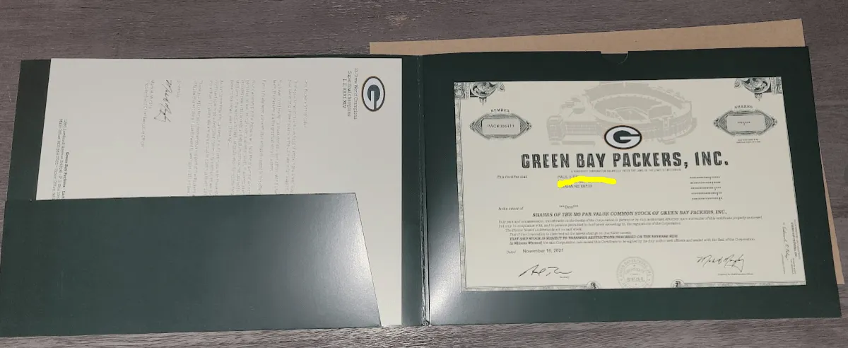 Packers Stock Share Picture That Shows The Packers Stock Certificate