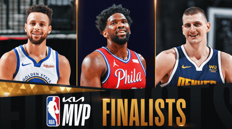NBA Awards 2021 Graphic Of MVP FInalists Curry. Joel Embiid, Nikola Jokic