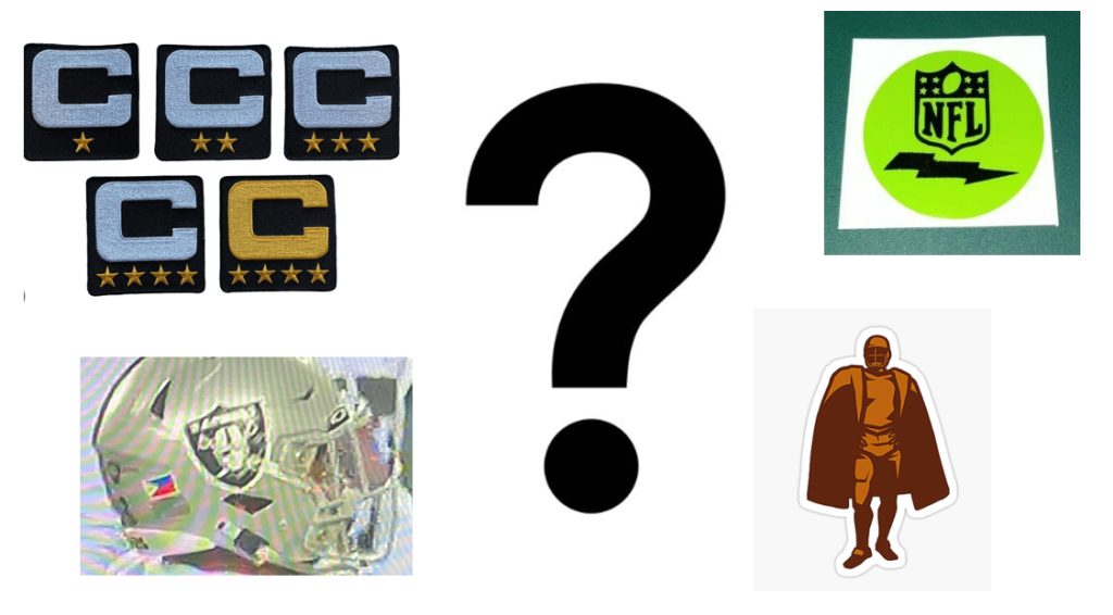 Image of the decals and stickers on an NFL uniform the captain C, the flags, and man of the year